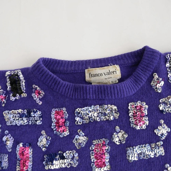 Vintage Franco Valeri Purple w Silver & Pink Embellishments CrewNeck  Sweater S - Picture 10 of 13